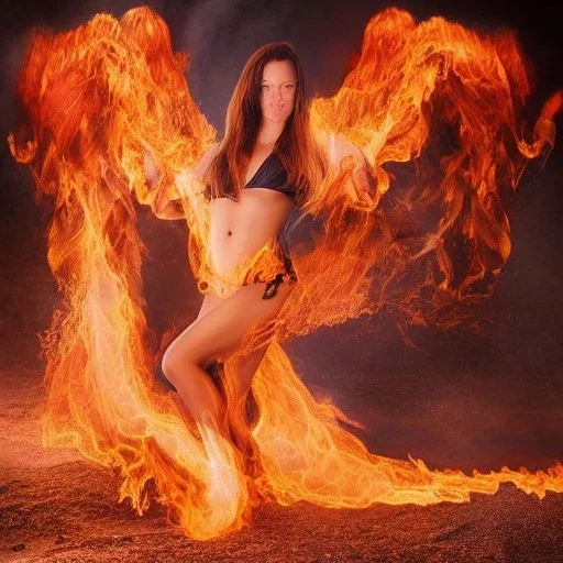 woman made of fire, fire angel, full body portrait, long flowing hair, only wearing bikini made of fire, highly detailed, real life photo, photo quality, extremely detailed, high quality, standing in fire, highly detailed, lots of fire around, fire background