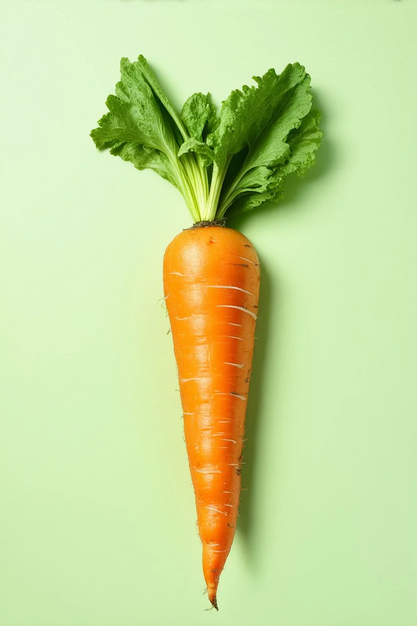 Surreal composition of a large, vibrant orange carrot with bana leaves on top, on light green background. This juxtaposition creates a whimsical and imaginative effect, combining elements of nature in an unexpected way.