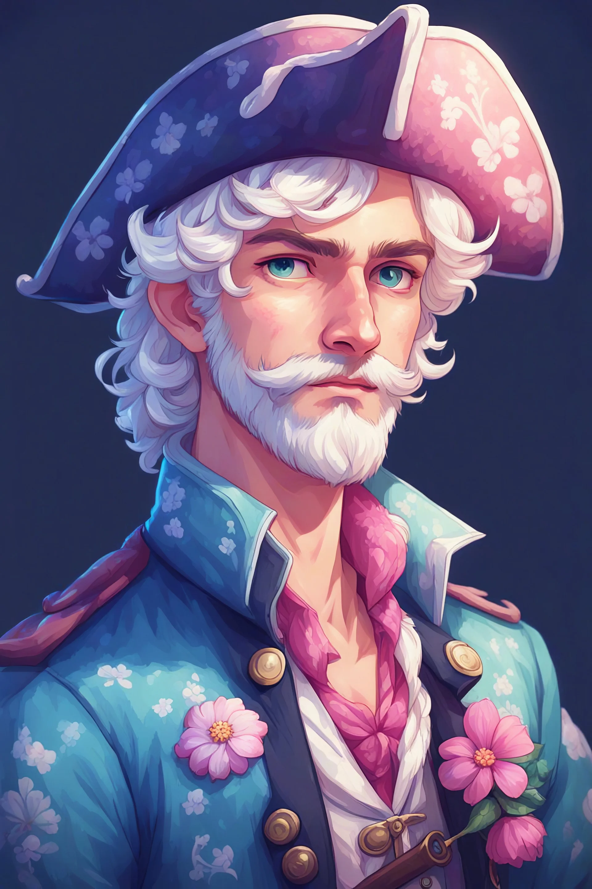 kind sailor, man, white slightly curly hair, pirate shirt, pink-azure clothes, pink-azure cocked hat in cold tones, white floral pattern on jacket, flower in hair, stardew valley style