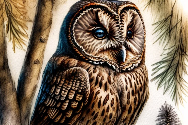 Brown Tawny Owl, pine tree, forest, autumn, dark night highly detailed intricate intricate details high definition crisp quality beautiful lighting pencil sketch watercolor dramatic lighting Deep shadows Warm colors warm light