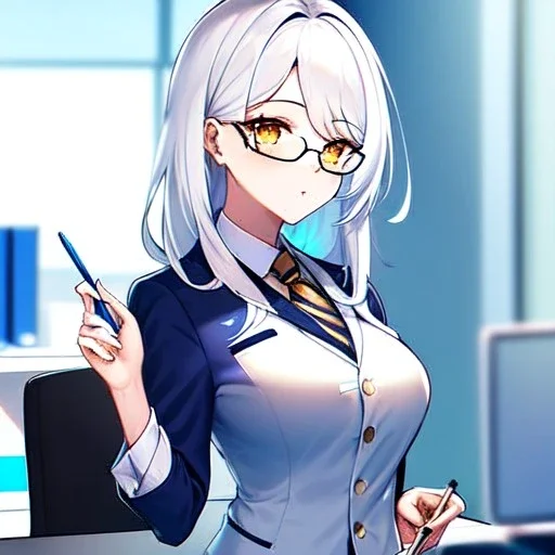 Clear focus, 8k, high quality, detailed, beautiful lighting, girl, vibrant colors, white hair, vibrant golden eyes, office clothes, glasses, holding pin