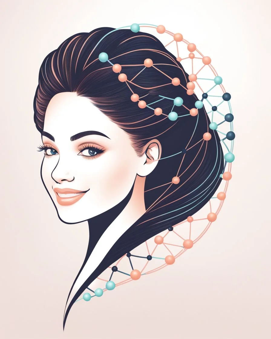 DNA molecule hair thread imitation logo pastel peach colors, smiling face, an older woman