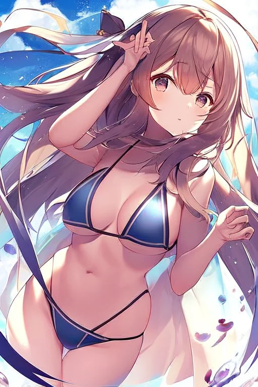 an anime waifu at the beach in a bikini back floating