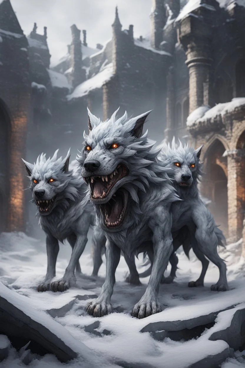 frost hellhound with five heads in ruins of medival town