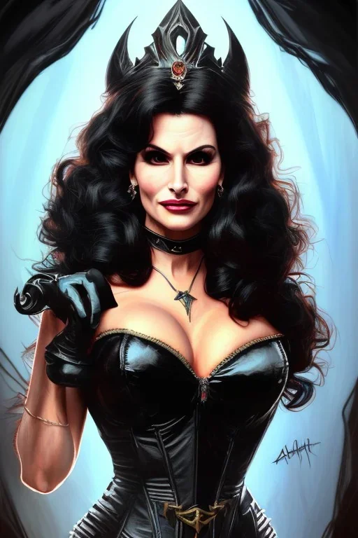 painting of lisa ann as evil queen in black leather, feminie, angry, stern look on her face, volouptous, busty, cleavage, emperious, mature, highly detailed, digital painting, artstation, concept art, smooth, sharp focus, illustration, art by gaston bussiere and alphonse mucha