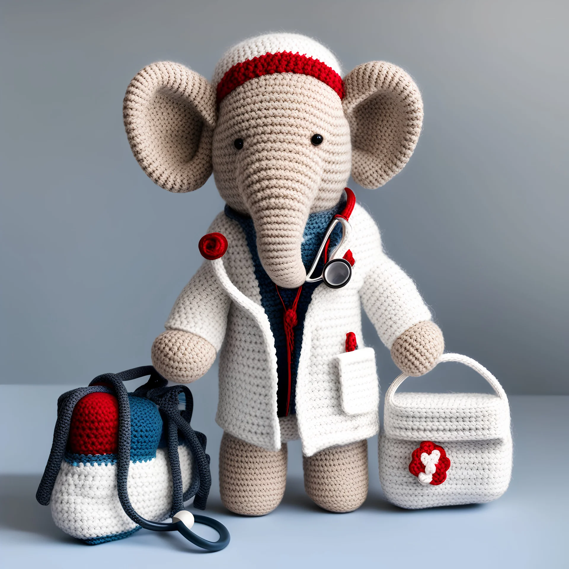 A whimsical crochet doctor elephant, wearing a crochet white coat and a stethoscope around its neck, with a crochet medical bag slung over its shoulder.