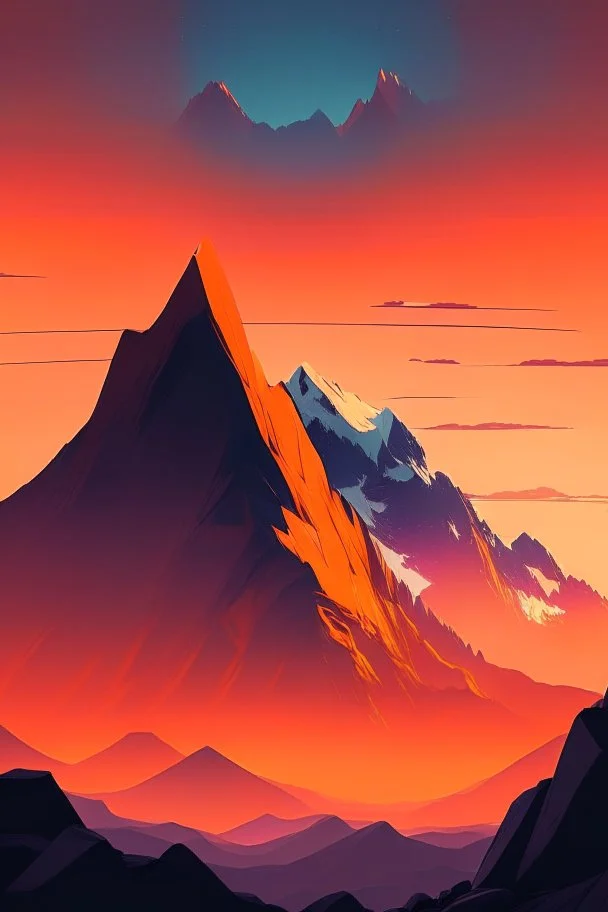 big rock mountains with and orange dawn sky with no clouds close montains anime style