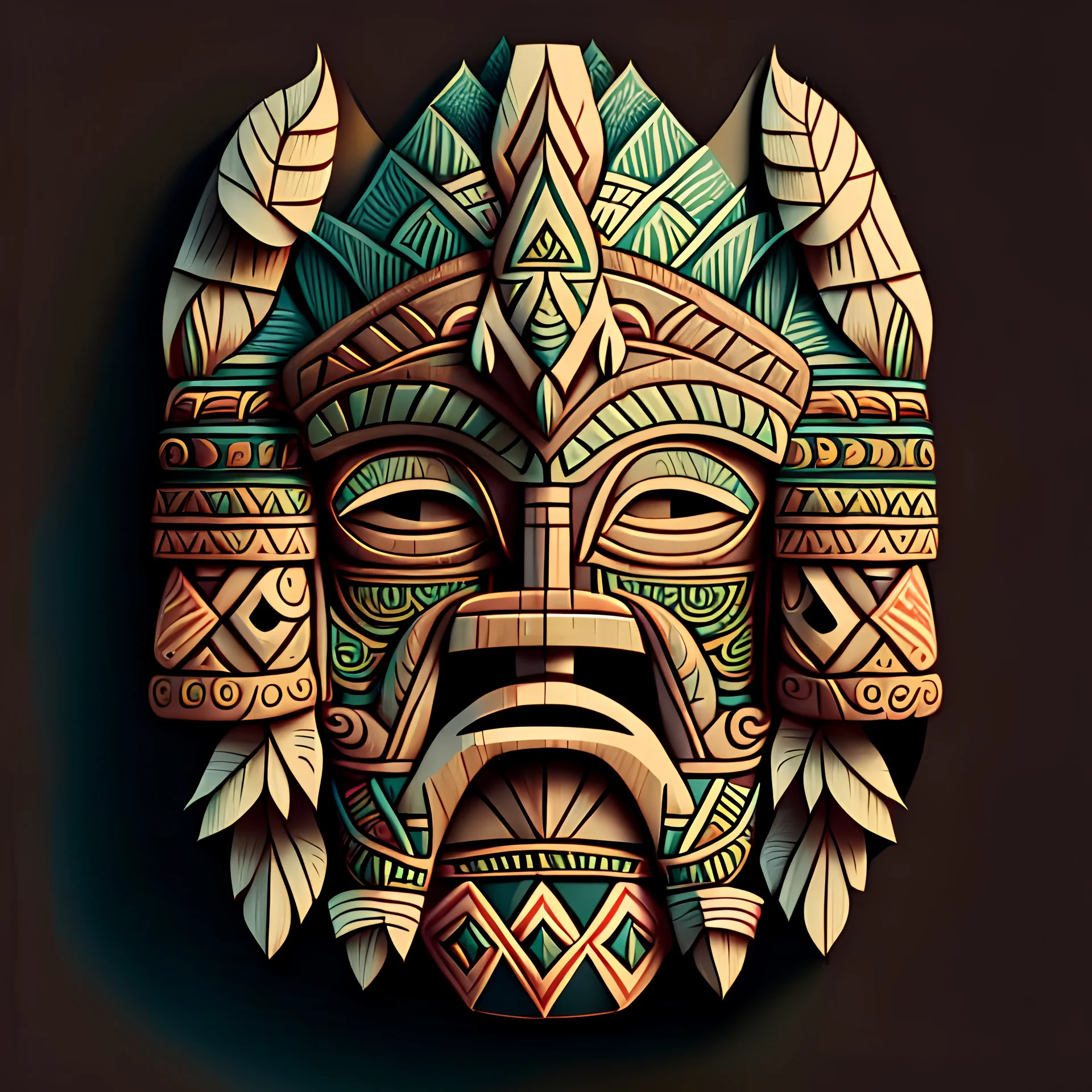 Generate a one-dimensional, flat illustration of a Tiki head with intricate, detailed ornaments. The image should have no shadows and be in a style reminiscent of traditional Tiki art.