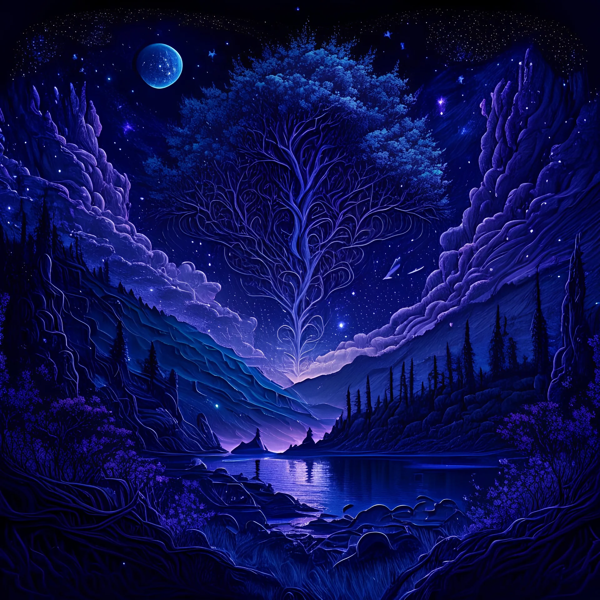 landscape, epic, intricate details, high detail, constellation, deep blue and purple