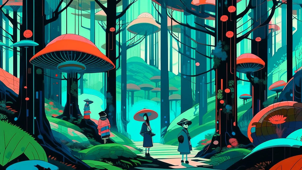 A digital painting by Kuniyoshi and Kandinsky of tech-people walking inside a futuristic forest.