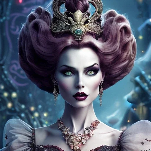 extrem tim burton style and disney style of wicked old evil stepmother, sharp focus, beautiful eyes