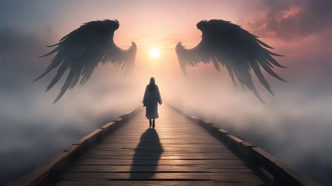 walking straight ahead over a wooden bridge, holding the angel of death with your right hand, entering the fog at the end of the road that leads to the afterlife, and a beautiful sunset and galaxy's behind the fog, realistic