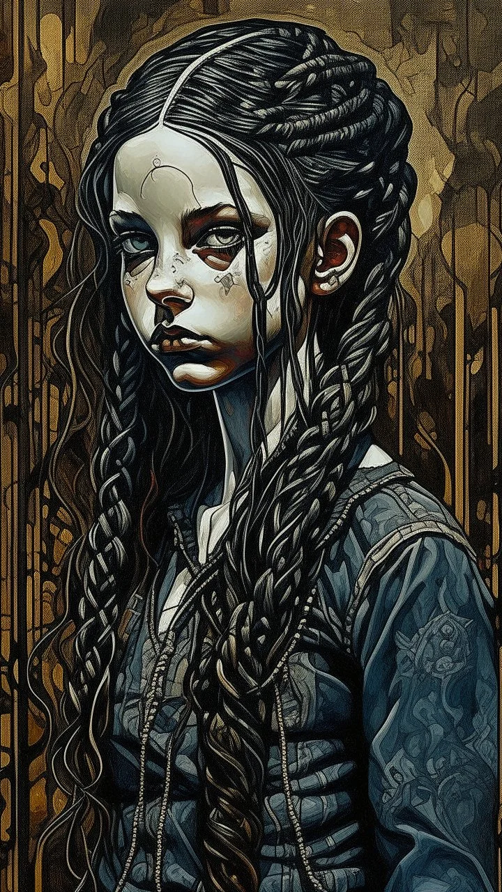 highly detailed, full body oil painting, petite goth girl with long dark braided hair, sharply defined angular facial features, anatomic perfection, by Andrea Kowch> <Yoji Shinkawa> <Jean-Giraud Moebius, saturated vibrant natural color tones, precisely drawn and inked, 8k resolution