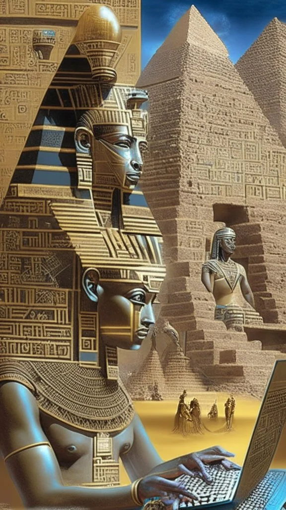 In a fascinating convergence writing, and powerful pharaohs, would have evolved in a world shaped by technological advancements. Portray of ancient history and modern technology, visualize and describe the Egyptian civilization in the age of advanced technology. Imagine how this ancient civilization, known for its magnificent pyramids, hieroglyphic the seamless integration of the past and the present, exploring the transformation of Egypt's cultural, social, and architectural landscape. Depict