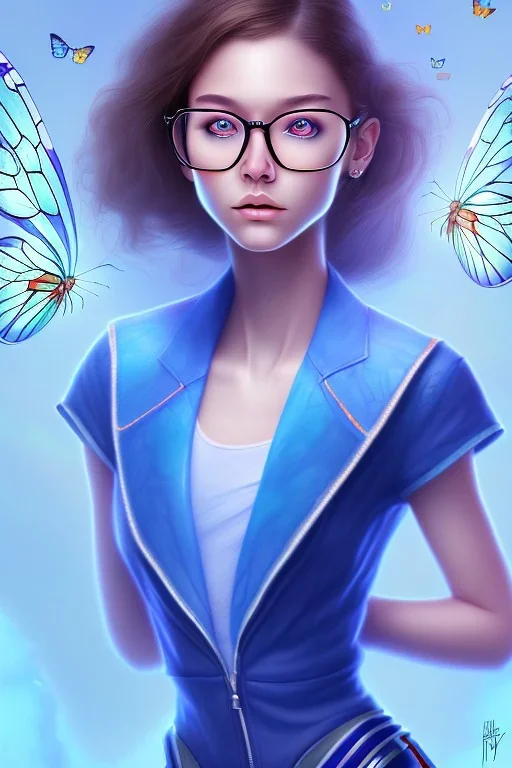 Dibujo escena de una mariposa de los abismos en el fondo, aparece una adolescente con gafas y un perrete azul.