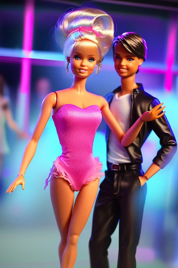 hyper-realistic barbie and ken dancing in nightclub