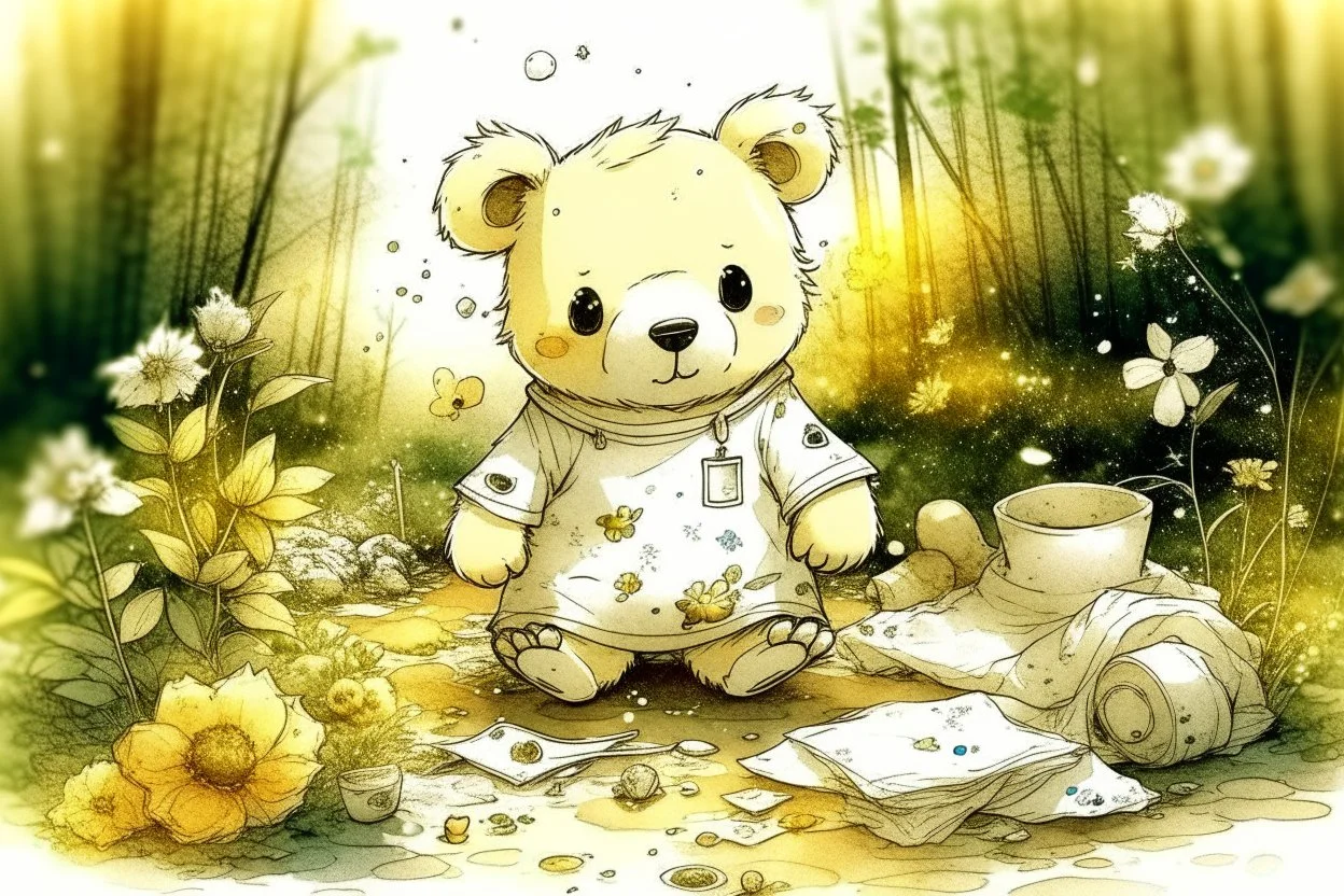 close-up of a cute chibi teddy bear packing piles of white clothes in the forest, laundry machine, grass and flowers next to him, melting watercolour and black ink outlines on wet paper, photorealistic, golden glitters S<AI in sunshine, ethereal, cinematic postprocessing