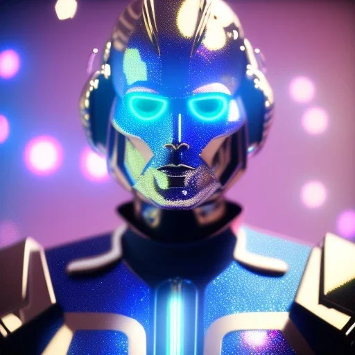 Handsome galactic man, glitter blue and white tron suit with jewels, blond hair, blue eyes, cinematic lights, full details, hight quality, unreal engine 5, 4k, cosmic stars background