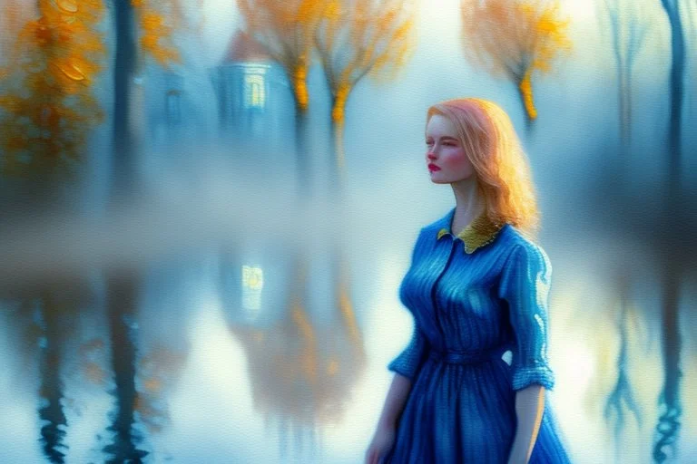 closeup of a Budapest sunshine beautiful oil painting kitten businesswoman van gogh style in blue dress on a misty morning. over a misty pond in the hieght of fall. Watercolour by Alison Brady. Pastel colours S<AI in sunshine, ethereal, otherwordly, cinematic postprocessing