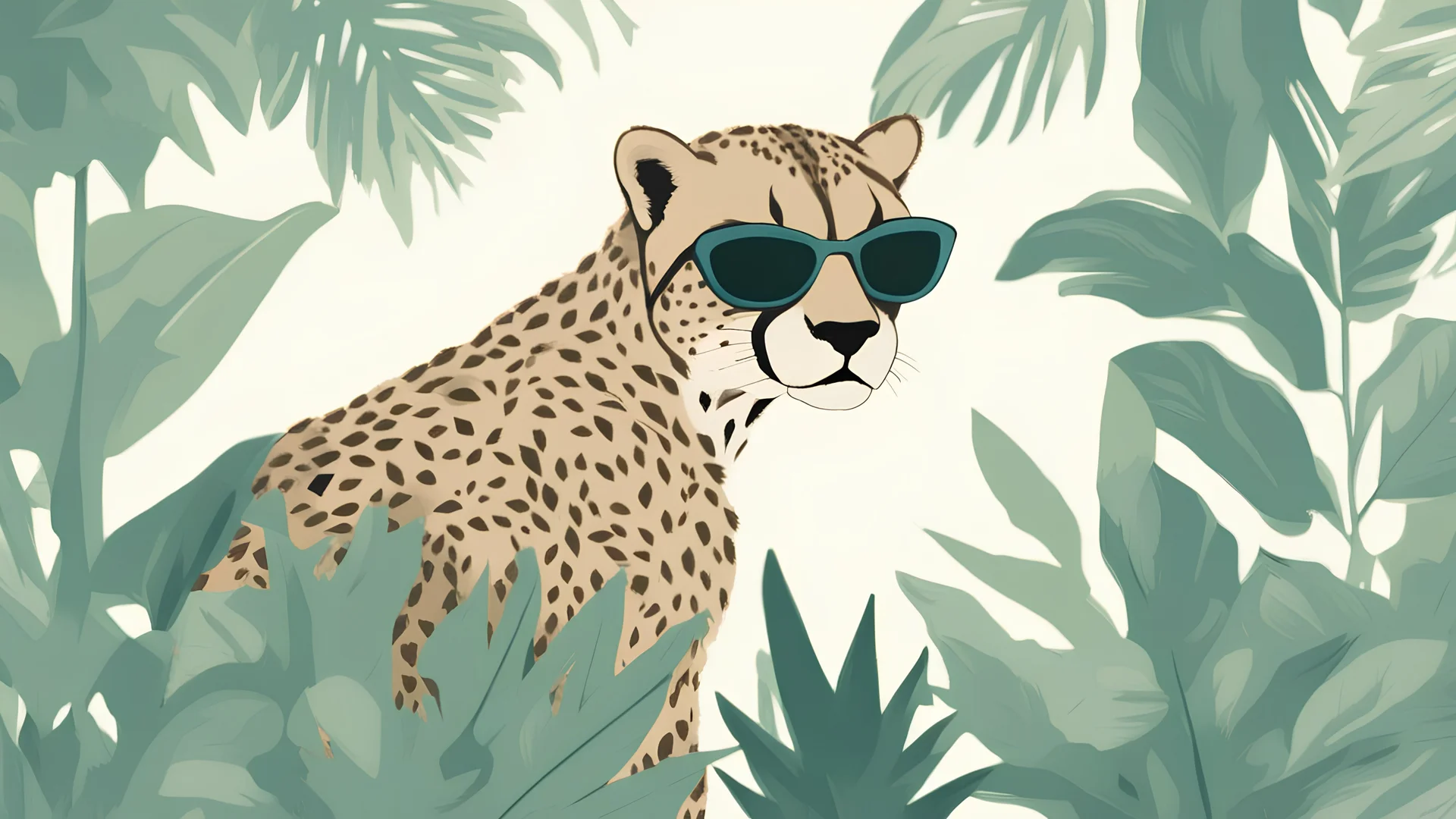 "Craft an intriguing scene where a {cheetah} stands out against a backdrop of lush {green} foliage. The cheetah is dressed in a stylish {blue} suit, accessorized with trendy sunglasses. The juxtaposition of the wild {cheetah} in this refined setting creates an eye-catching composition."