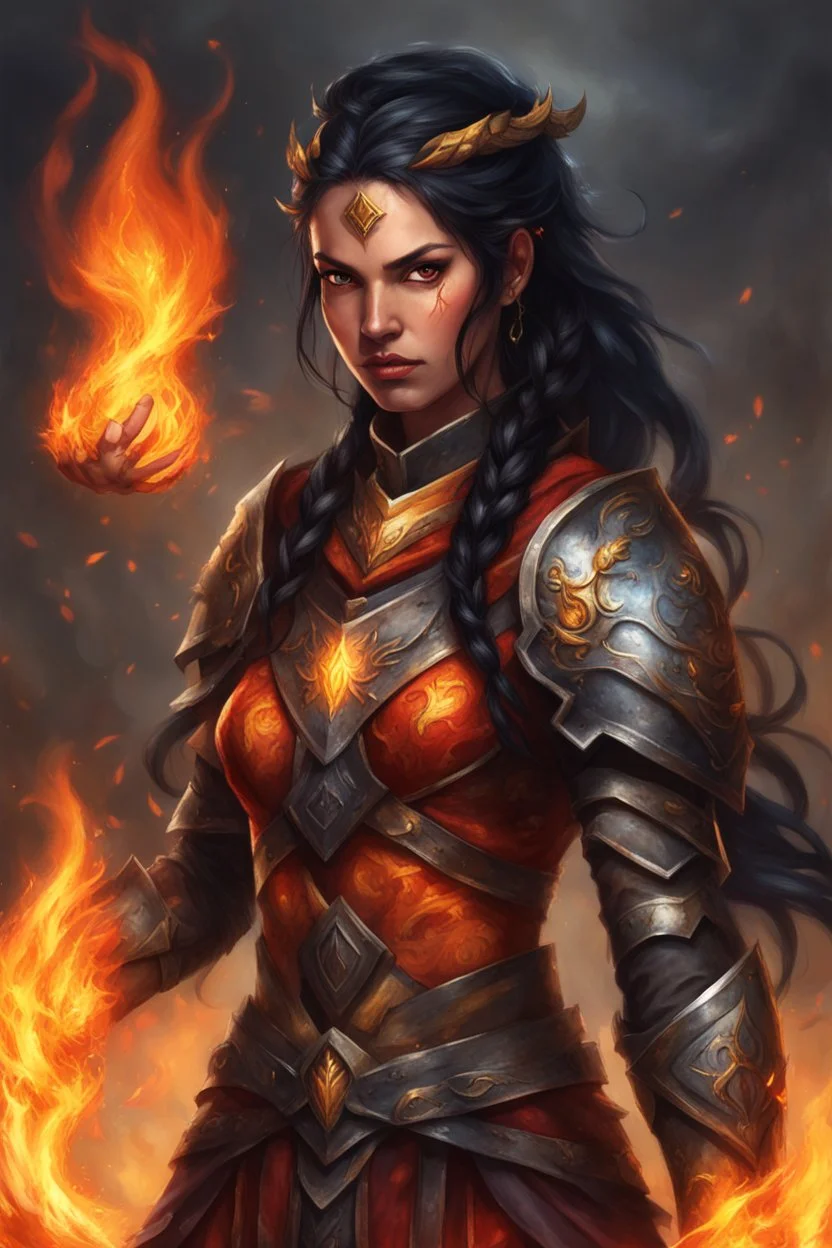 fierce aura of a female Paladin Druid in a powerful stance, her half-braided, bright black hair ablaze with fire, eyes reflecting the intensity of her magic. Adorned in light armor, she extends her hands, conjuring vibrant flames, revealing a scarred face that speaks of battles fought, all against the backdrop of her dark, mystical skin.