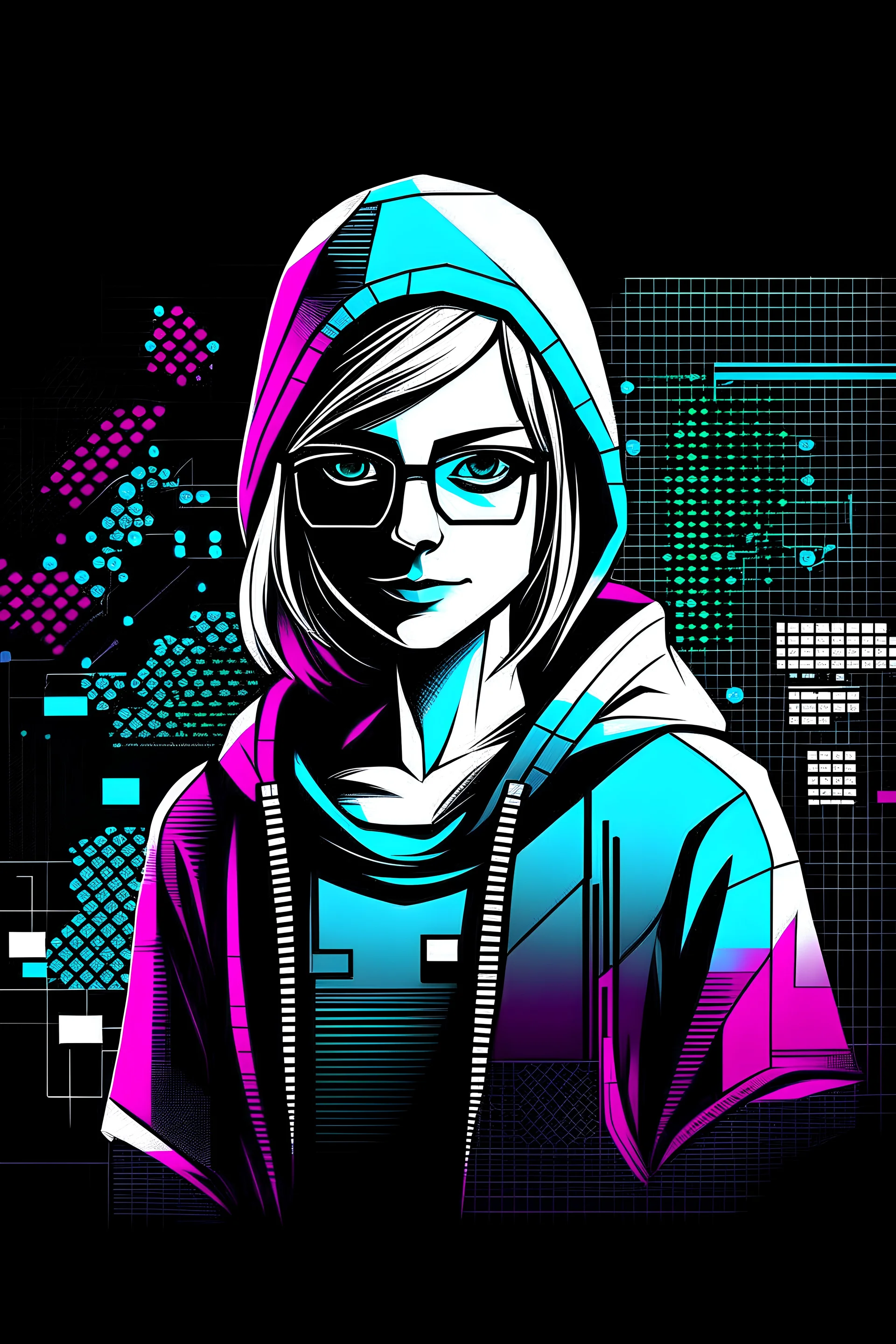 Create a graphic picture of an girl hacker with an huddie, using these colors HEX #e5cff8 HEX #9268e6 and black and white to be used as a logo