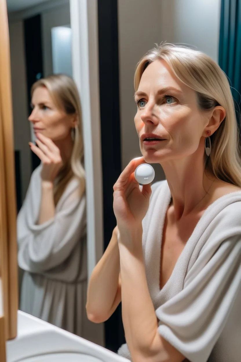 make a picture of a white woman in her thirties that uses her facial cleanser. she stands in front of her mirror in her bathroom