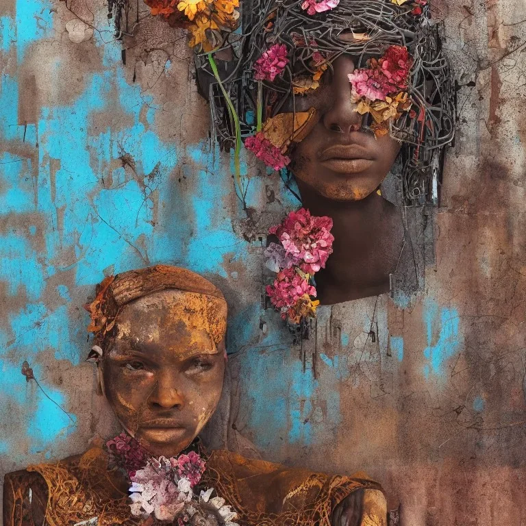 an abstract painting of rusted metal and flowers, african portrait, rust, scaffolding, iron cladding, decay, mixed media, textured, anatomically correct, beautiful perfect face, sharp focus, highly detailed,new york slums, apartment building ,rundown, realistic, unity engine, bloom,cinematic lighting,blue tone, octane render,