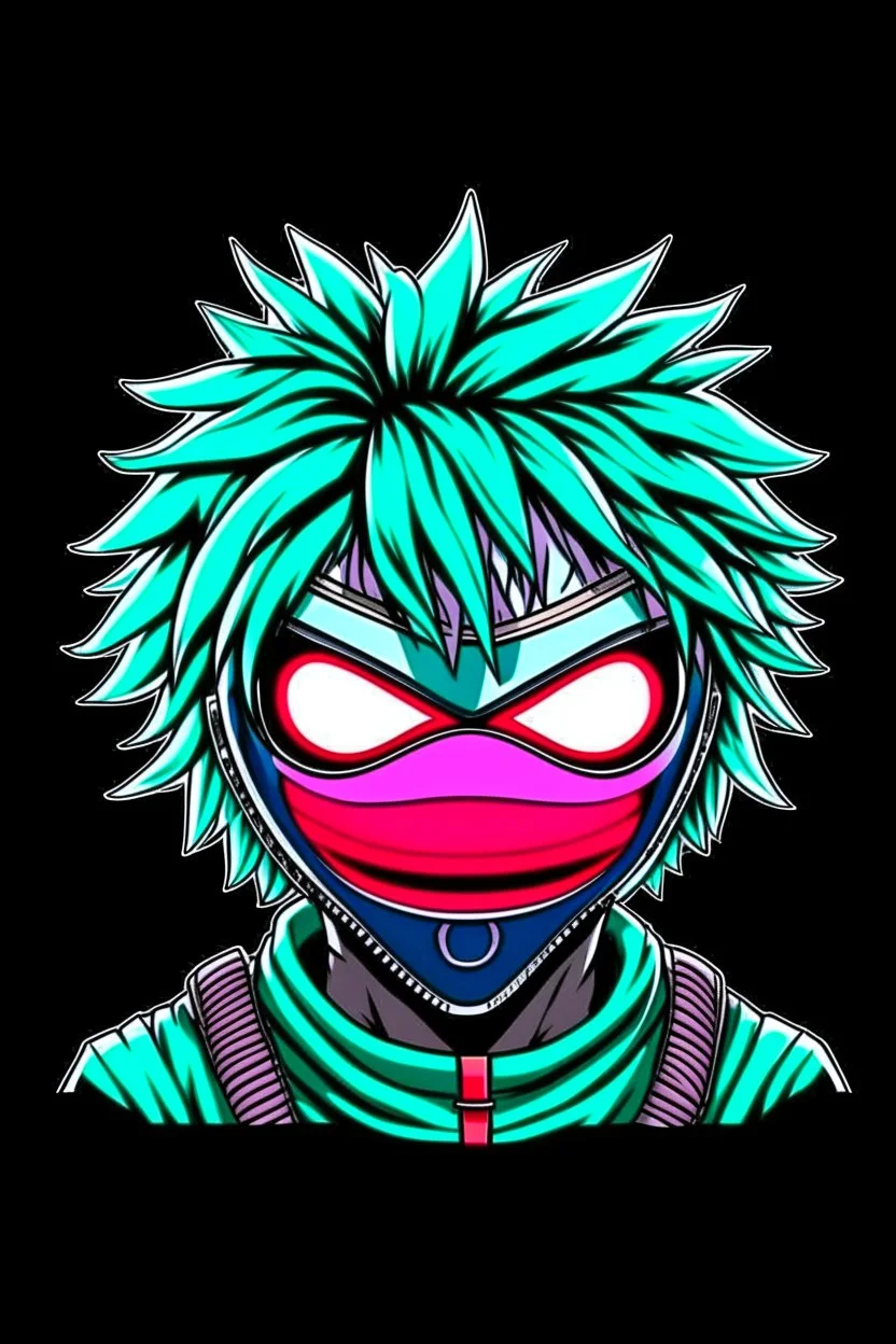 Create a metal mask similar to the one Izuku Midoriya wears in My Hero Academia, but have it extend to cover the full face. It should be gunmetal gray color and have symmetrical holes over the mouth area that glow slightly red. It should be worn by a rabbit and have a black hood