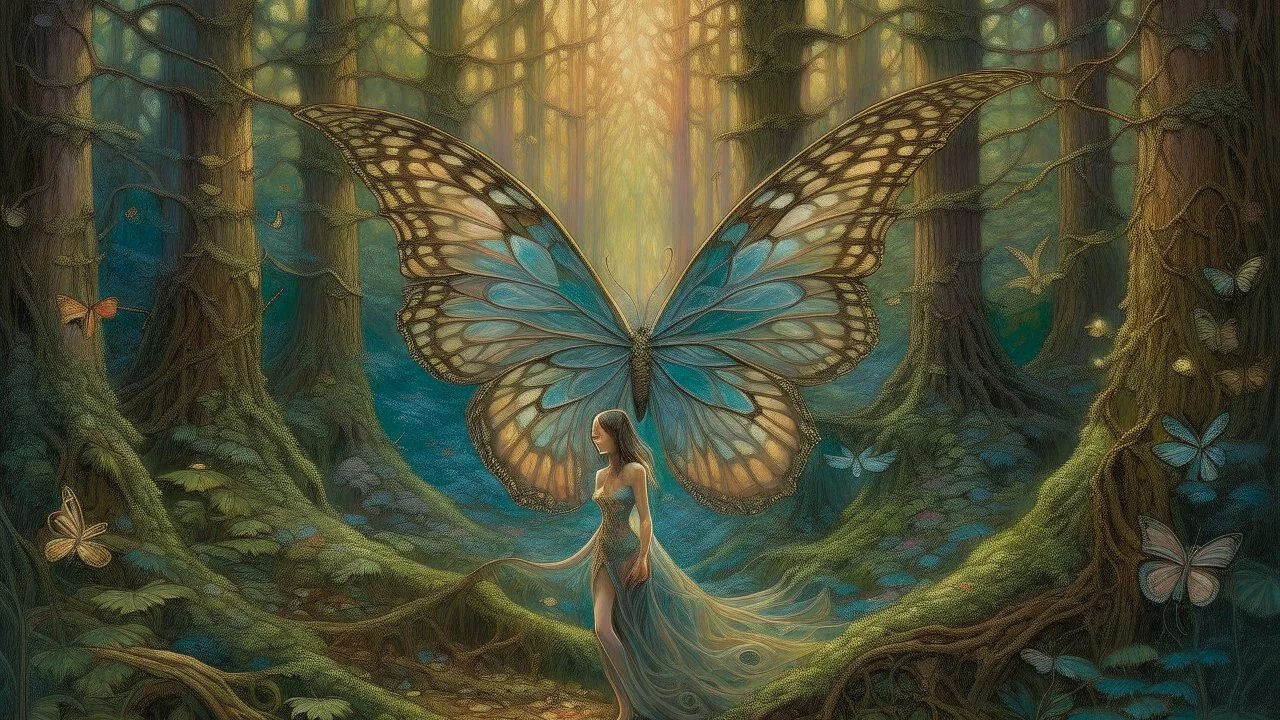 A captivating scene of a woman transforming into a beautiful butterfly within the heart of an enchanting forest. The woman's form is adorned with delicate, iridescent wings that begin to unfurl from her back, while her face remains human, filled with awe and wonder. The forest around her is lush and teeming with life, with trees that twist and turn in intricate shapes, their branches forming a canopy that filters the sunlight. The ground is covered in a soft blanket of leaves and moss, and the a