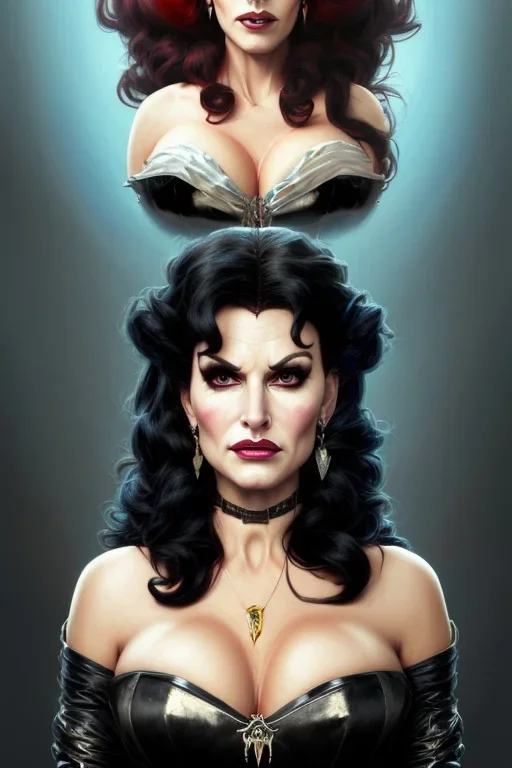 painting of lisa ann as evil queen in black leather, feminie, angry, stern look on her face, volouptous, busty, cleavage, emperious, mature, highly detailed, digital painting, artstation, concept art, smooth, sharp focus, illustration, art by gaston bussiere and alphonse mucha