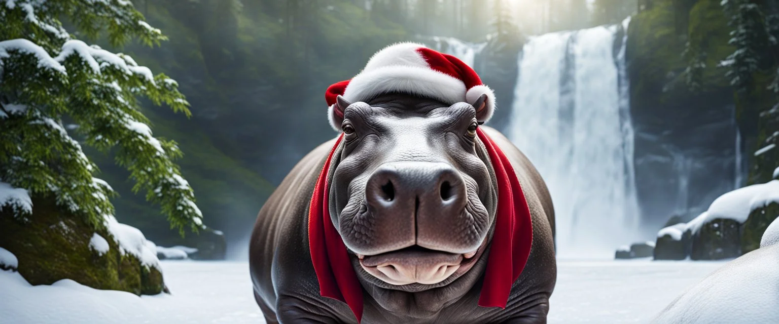 hippo in the snow with santa clause hat, forest alley waterfall background, close-up shot, realistic,Highest quality telescopic Zeiss Zoom lens, supreme cinematic-quality photography, steel walnut wood green leather clothes, Art Nouveau-visuals,Vintage style Octane Render 3D technology,hyperrealism photography,(UHD) high-quality cinematic character render,Insanely detailed close-ups capturing beautiful complexity,Hyperdetailed,Intricate,