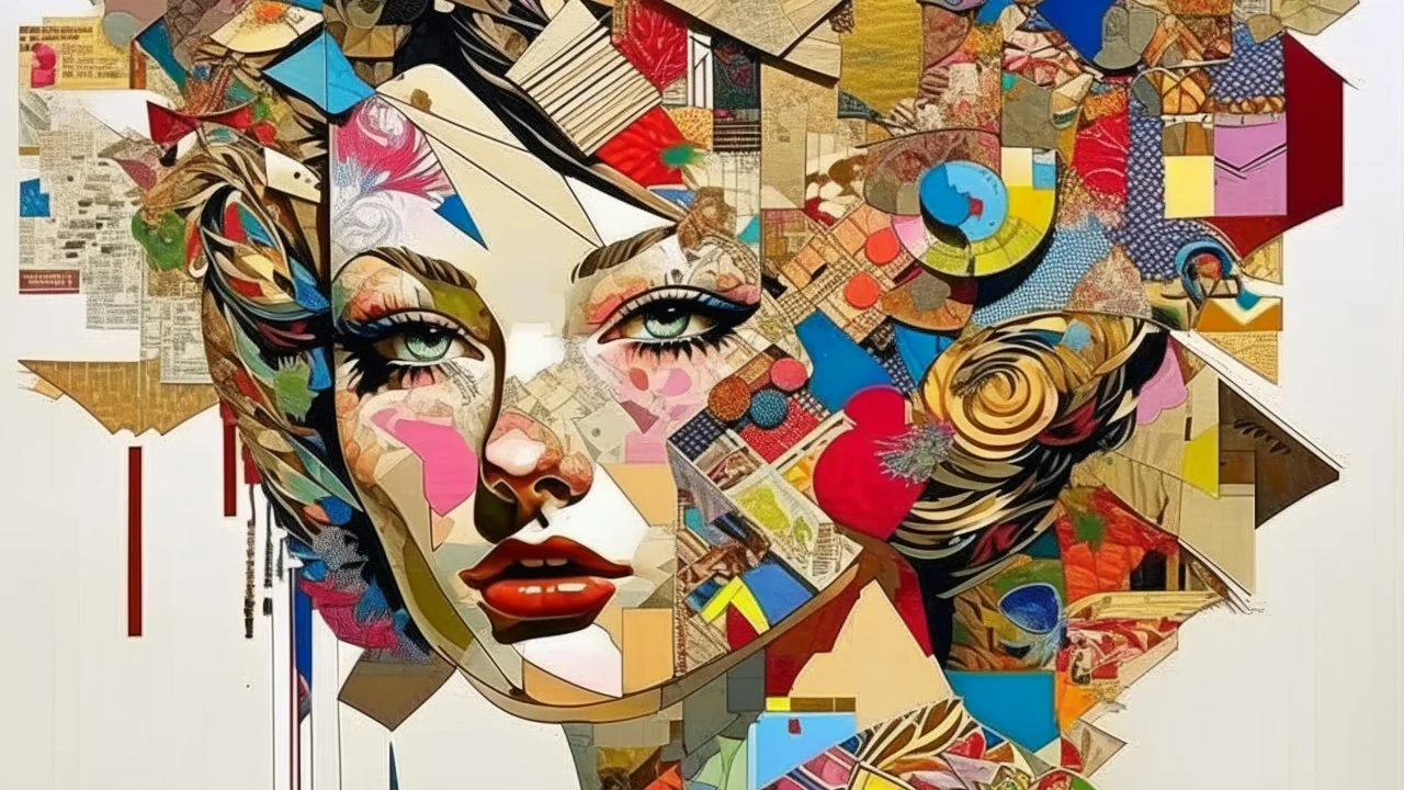 A visually striking mixed media collage of a beautiful woman. Small pieces of torn multi-colored paper and other media form intricate details. The collage exudes creativity. masterpiece, extremely detailed. By Grayson Perry | Derek_Gores | Caros_Lines | Catrin_Welz-Stein mid-century modern collage made of random shapes cut from pages of fashion and science magazines and textbooks, trending on Instagram, Dan_Mumford, DAZ, hyperrealistic octane render, dynamic lighting, intricate detailed