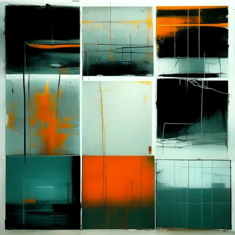 Minimal abstract oil paintings of a desolate 1960. Orange wires. On the floor are concrete fragments and road markings . In the dark mysterious style of Justin Mortimer and Francis Bacon. Triadic colours