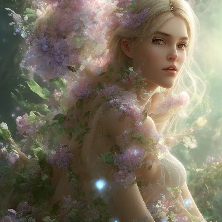 one big crystal subtle flower in a galactic ambiance with a beautiful fairy, transparent petals, delicate colors, in the foreground, full of details, smooth，soft light atmosphere, concept art, smooth, extremely sharp detail,