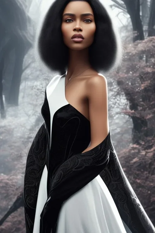 A portrait of a beautiful curvaceous black woman with long black hair, wearing a black dress with a deep v neck, wizard, magical, ethereal, intricate, sharp realistic lighting. Concept art by wlop. Ultra quality 8k.