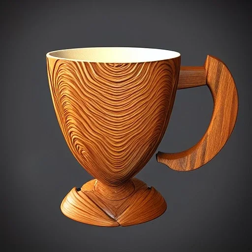 sculpture en bois, tasse avec une anse , polie, vernie, brillante, texture bois, ultra réaliste, ultra détaillé, ultra intriqué, hdr, 8k, rendu octane, cinema 4d