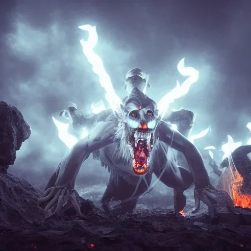 Cerberus, character-design, fire pouring from each mouth, full body, fiery dark skies in the underworld with Hades in the background, 8k, highly detailed, hyperreal, octane render, hdr, dark, sparkling lights, Cinematography lighting, mysterious, glister, surrealism, campbell white, 8K