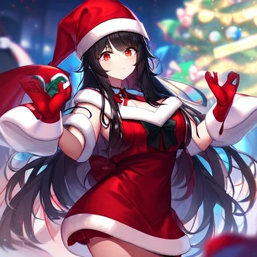 Clear focus, high resolution, black long fluffy hair, red eyes, wearing a chrimstas outfit, wearing a red short skirt, wearing a santa hat