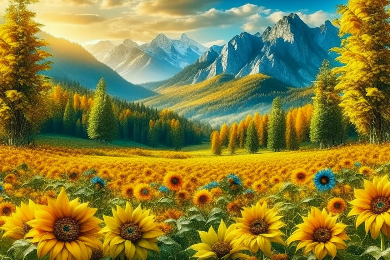 A field of Sunflowers. Beyond is a mountain range , with waterfall of autumn trees in water color.