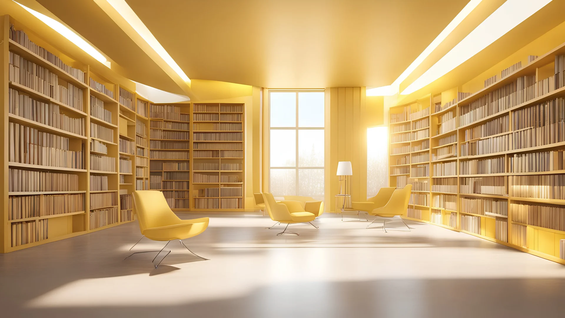 Modern yellow library interior with sunlight. Decor and desing concept. 3D Rendering