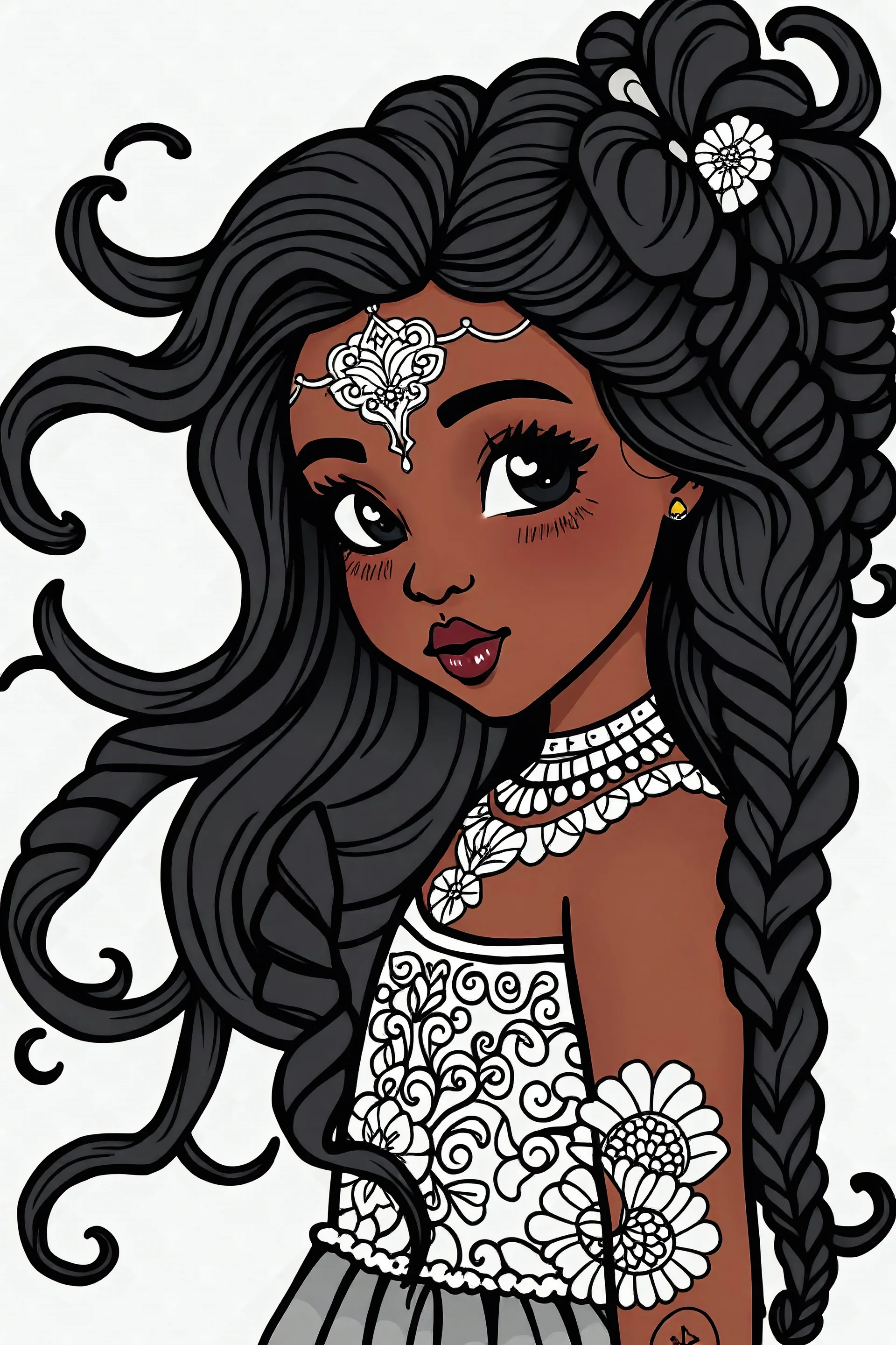 create a black girl ages 8-12 in Long and flowing curls, with mandala without breaking any lines to art line and too much smooth with white background