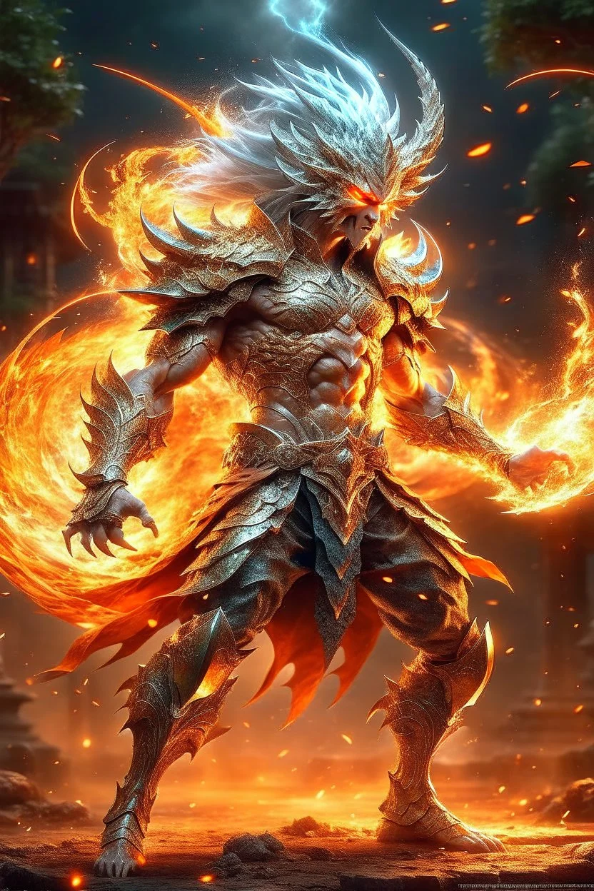 Fhoto full body, high reality, Raw, King of dragon warrior fight with Raiden, digital art, intricate details, powerful composition, explode, captivating, , trending on artstation, sharp focus, studio photo, intricate details, highly detailed, fire background, by addie_digi