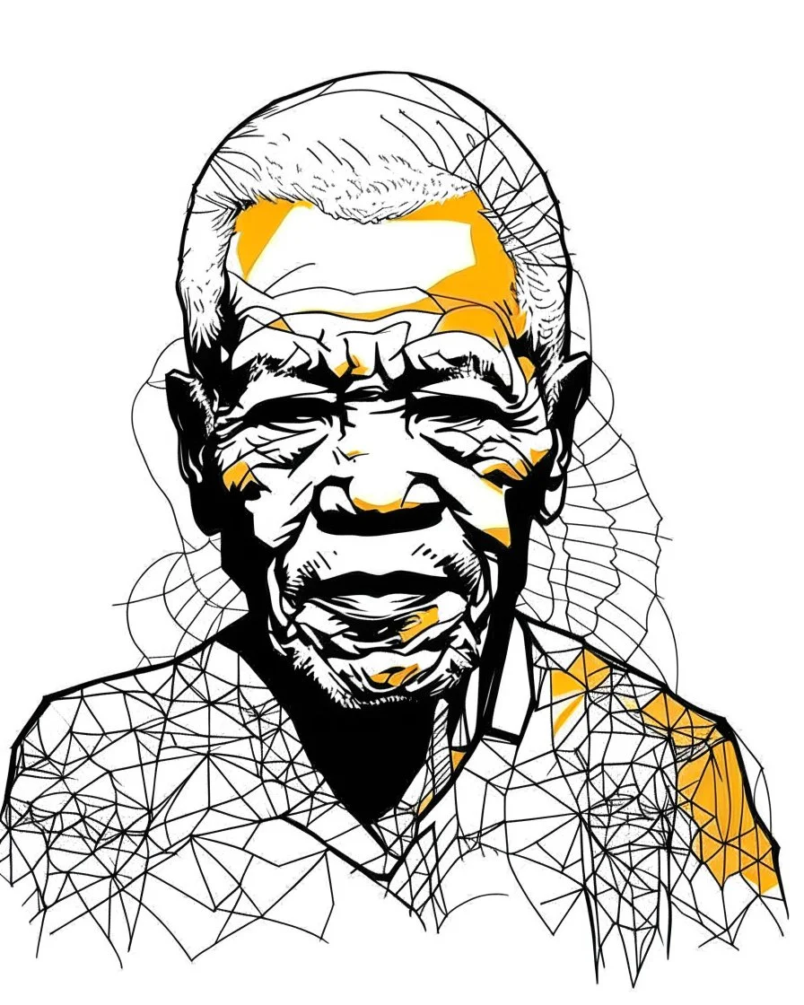 simple outlines art, bold outlines, clean and clear outlines, no tones color, no color, no detailed art, art full view, full body, wide angle, white background, Nelson Mandela