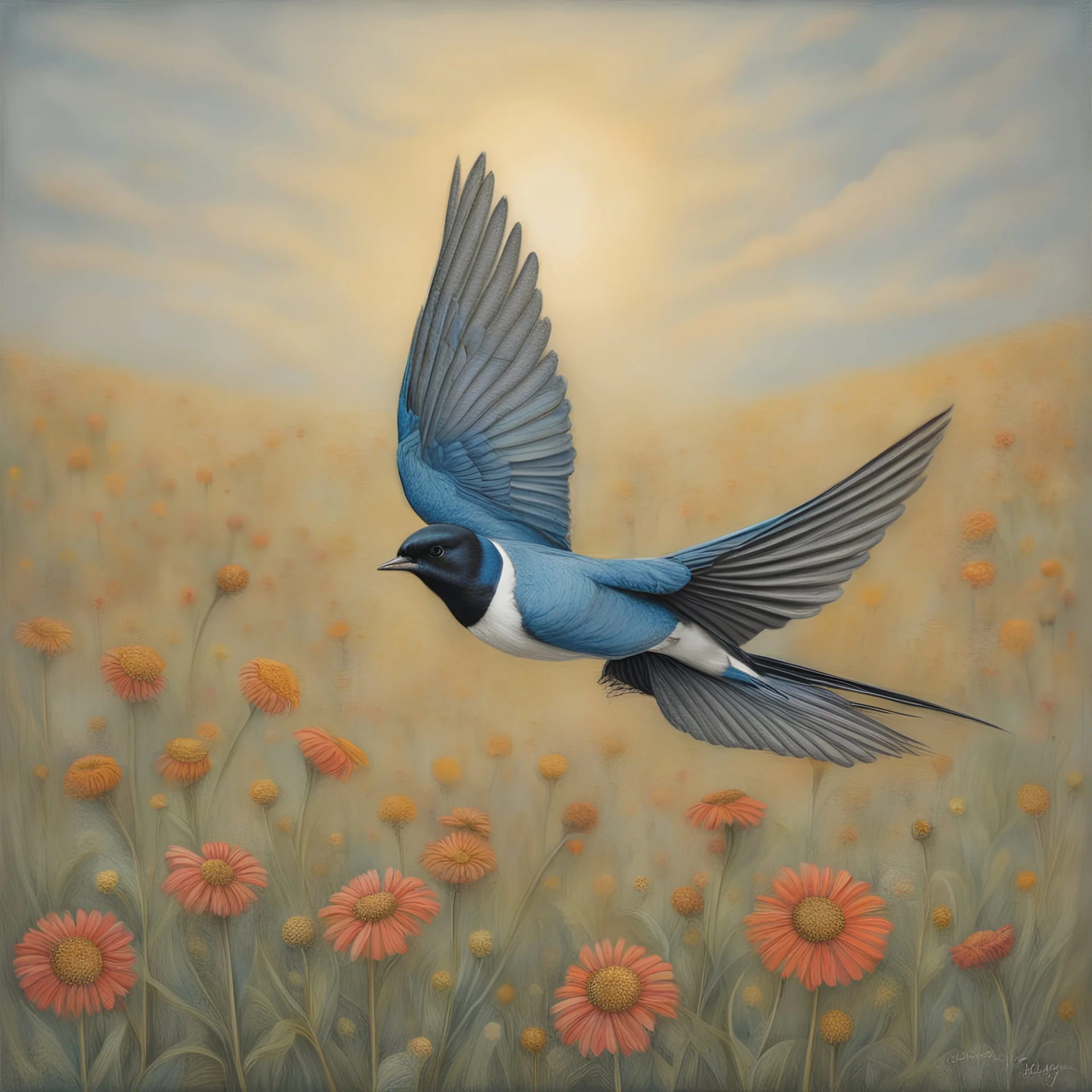 Pastel pencil drawing capturing the intricate details of a swallow in flight. Style of Beth Conklin. The swallow hovers above a field of wildflowers, with the pastel texture, soft delicate scene.