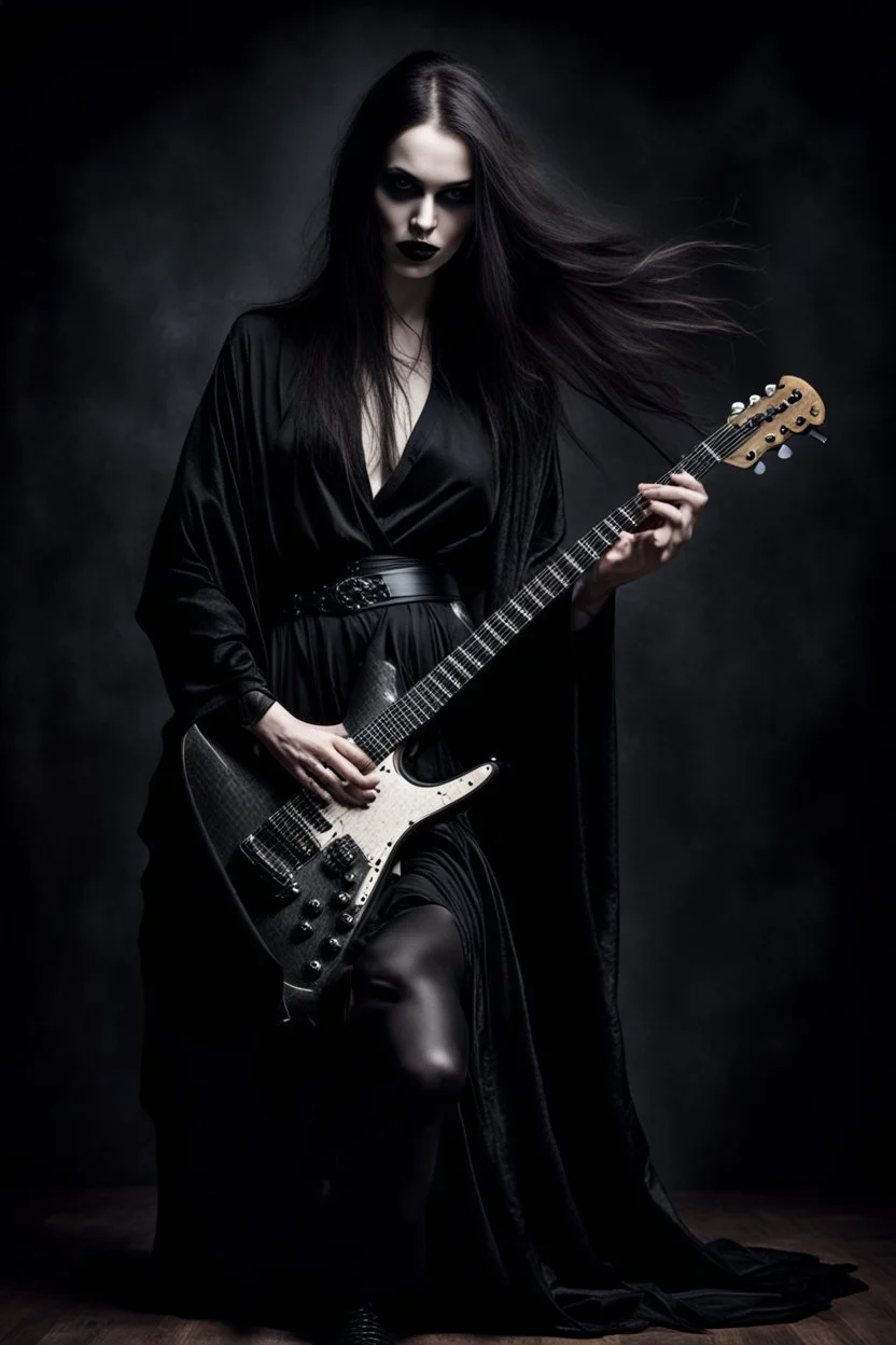 pretty goth girl(dressed in black flowing robes) leaning back while playing electric rock guitar, dark background, photo realism