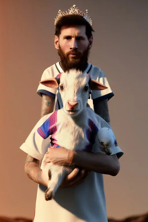 messi as king with wearing crown and king stuffs and clothes and holding a little white goat on his hand ,hyperrealistic,8k,detailed,rendered