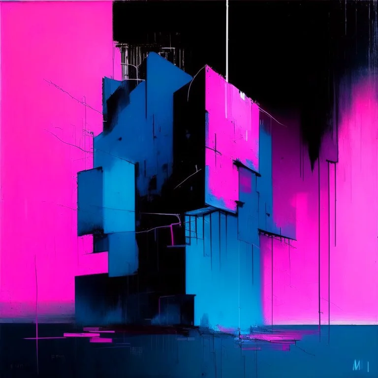 Minimal abstract oil painting of bright pink and blue. with random words. Brutalist architecture fragments Line sketches. illuminated at night. In the style of Justin Mortimer and Phil Hale and Ashley Wood