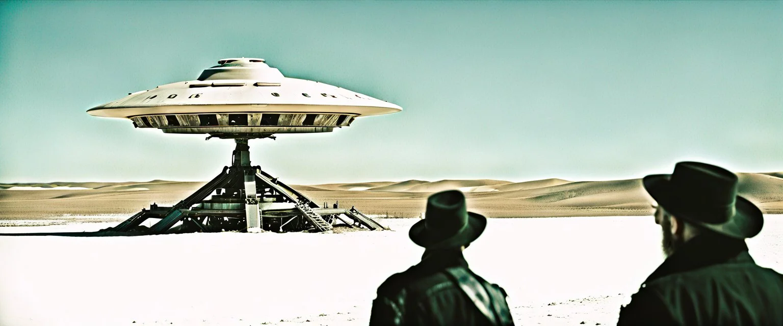 UAP, UFO, Alberta Desert, cinematic, Fuji Film, Anamorphic lens, 2040s, deep depth of field, in a Cyber punk WW3 film