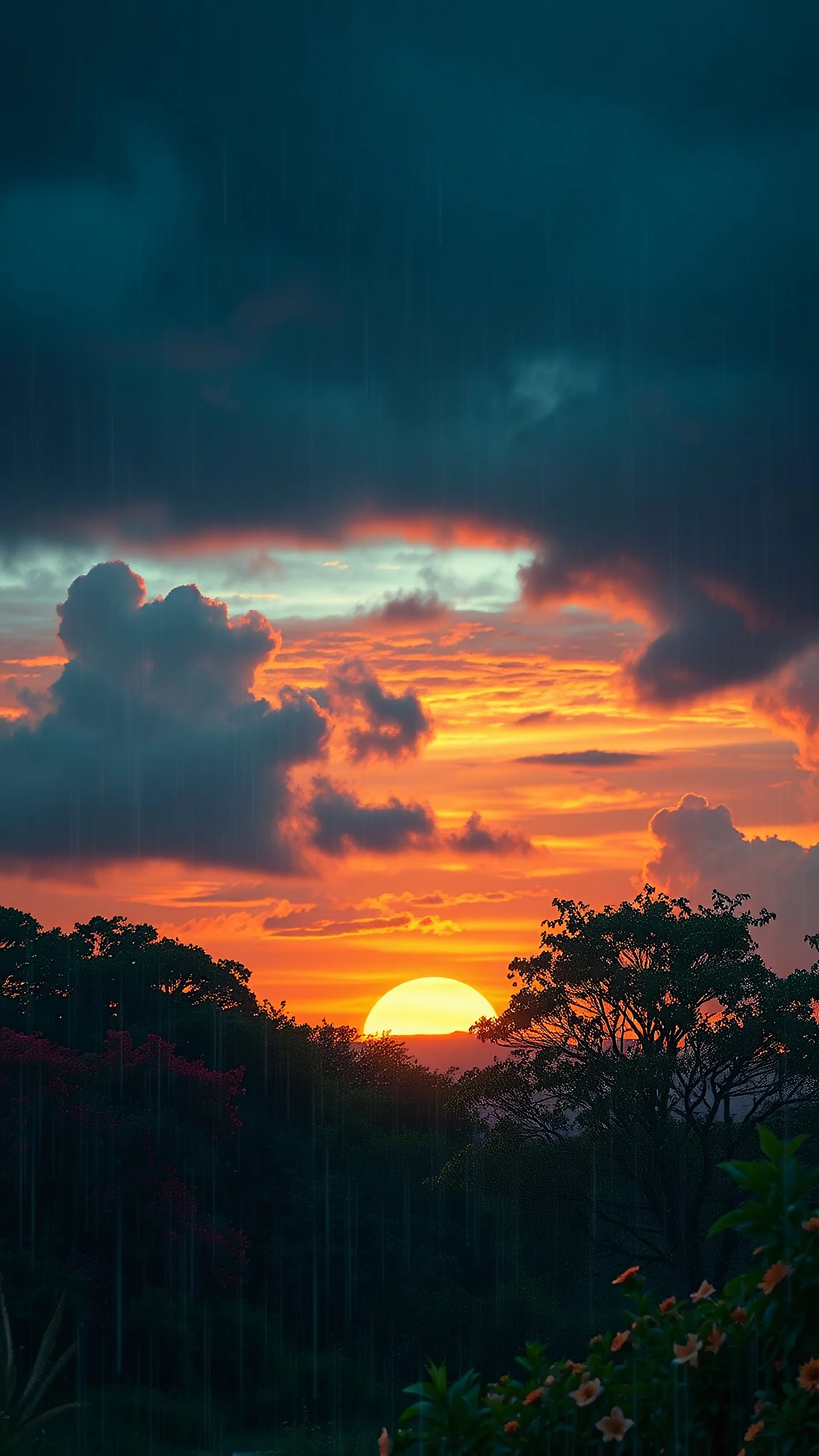 amazing details, 8k, high detailed, high quality, higher resolution, vintage color palate, nostalgia vibes, heavy rain, dark clouds, Depict a breathtaking sunset after a monsoon, with vibrant colors illuminating the sky, trees, flowers, clouds,